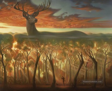 hinter den Bäumen Surrealismus Hirschjagd Ölgemälde